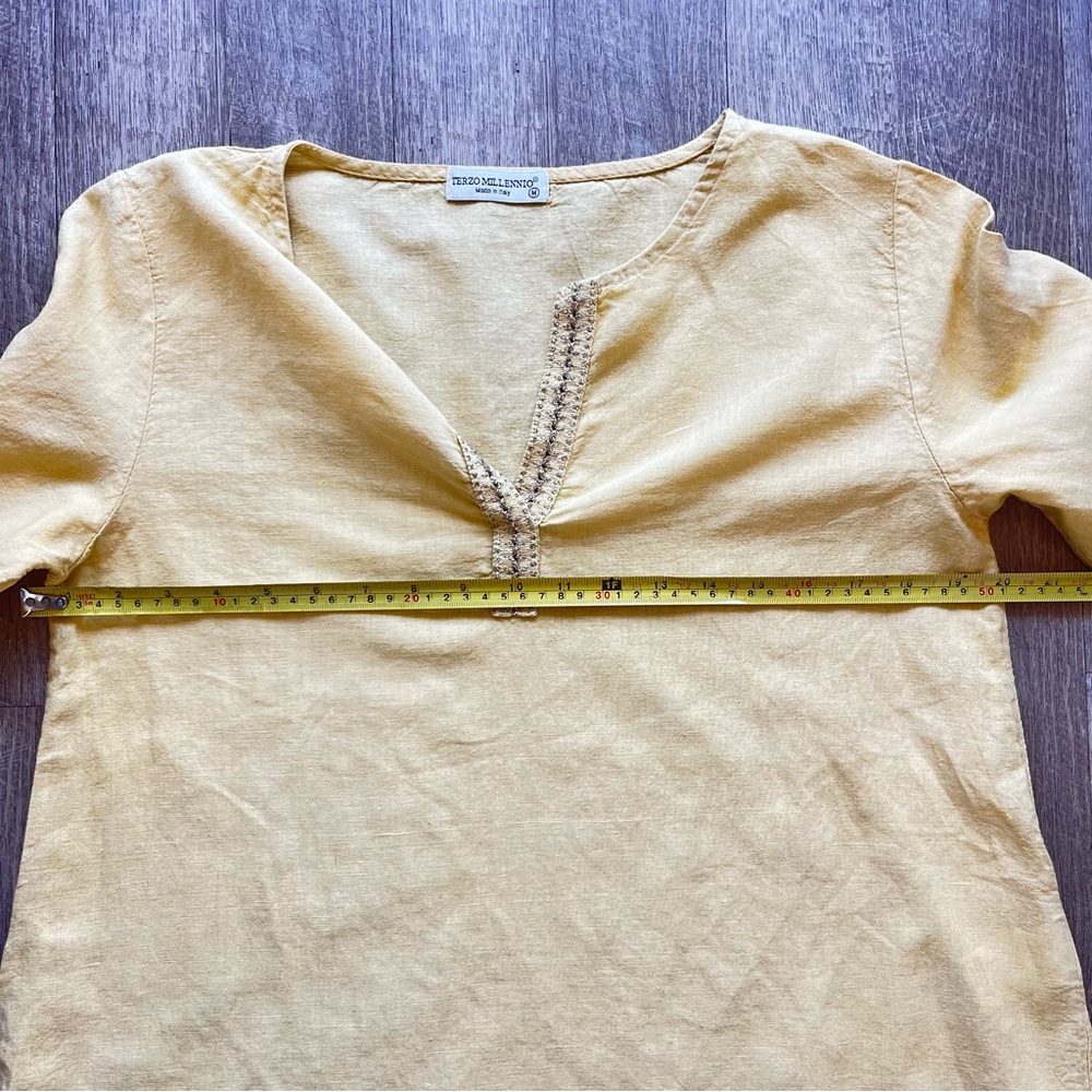 Terzo Millennio Linen Top Yellow High Low Roll Tab Sleeves Shirt Tunic Sz M - Picture 8 of 16